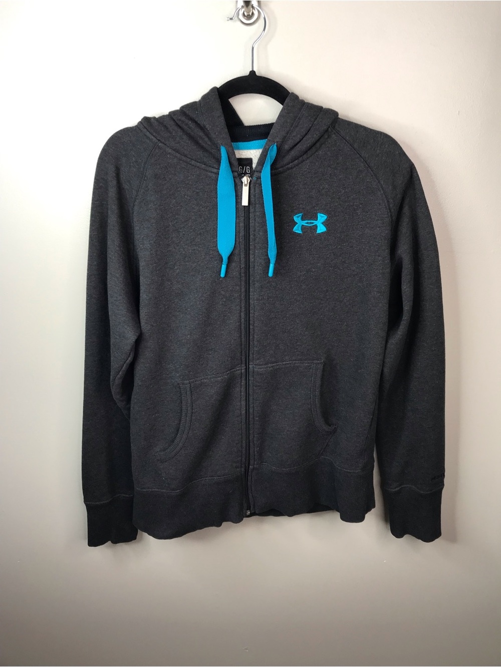 Under Armour Storm Loose Fit Dark Gray Zip Hoodie with Teal Accents Sz Large